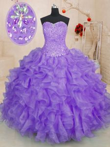 Lavender Sweetheart Neckline Beading and Ruffles Sweet 16 Quinceanera Dress Sleeveless Lace Up