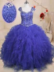 Cap Sleeves Beading and Ruffles and Sequins Lace Up Vestidos de Quinceanera