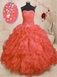 Glittering Sleeveless Lace Up Floor Length Beading and Ruffles and Ruching Ball Gown Prom Dress