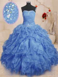 High Class Strapless Sleeveless Quince Ball Gowns Floor Length Beading and Ruffles and Ruching Blue Organza