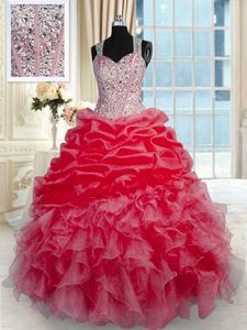 Dramatic Red Sleeveless Organza Zipper 15th Birthday Dress for Military Ball and Sweet 16 and Quinceanera