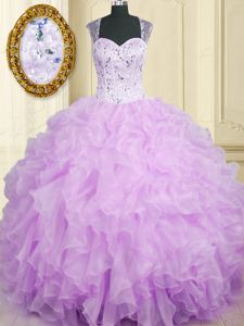 Best Selling Sleeveless Floor Length Beading and Ruffles Zipper Quinceanera Dress with Lavender