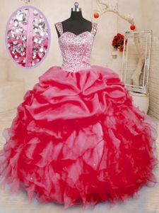 Coral Red Lace Up Straps Beading and Ruffles and Pick Ups 15 Quinceanera Dress Organza Sleeveless