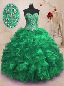 Artistic Teal Sleeveless Sweep Train Beading and Appliques and Ruffled Layers and Pick Ups With Train 15th Birthday Dress