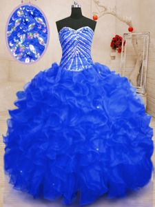 Floor Length Royal Blue Quinceanera Dress Organza Sleeveless Beading and Ruffles and Sequins