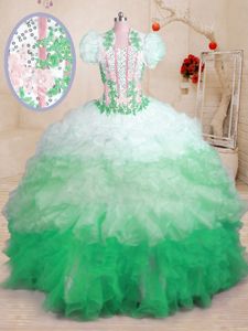 Smart With Train Multi-color Ball Gown Prom Dress Organza Brush Train Sleeveless Beading and Appliques and Ruffles