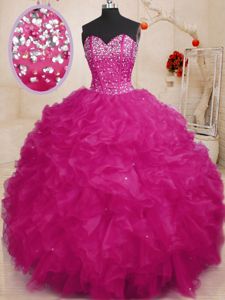 Romantic Baby Pink Lace Up Sweetheart Beading Quince Ball Gowns Organza Sleeveless