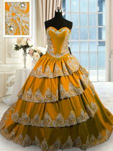 Popular Brown Lace Up Sweetheart Beading and Appliques and Ruffled Layers Sweet 16 Dresses Taffeta Sleeveless Court Train