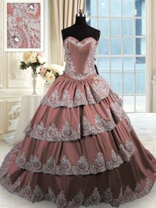 Lovely Brown Sweetheart Lace Up Beading and Appliques and Ruffled Layers 15th Birthday Dress Court Train Sleeveless