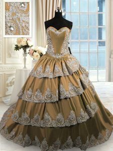 Adorable Brown Quinceanera Dress Military Ball and Sweet 16 and Quinceanera and For with Beading and Appliques and Ruffled Layers Sweetheart Sleeveless Court Train Lace Up