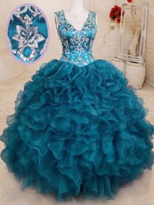 Customized Teal Ball Gowns Organza V-neck Sleeveless Beading and Embroidery and Ruffles Floor Length Backless Sweet 16 Dresses