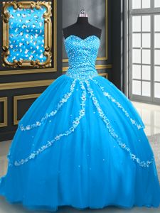 Halter Top Teal Ball Gowns Beading Quinceanera Dress Lace Up Tulle Sleeveless Floor Length