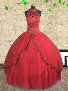 Halter Top Red Ball Gowns Beading Ball Gown Prom Dress Lace Up Tulle Sleeveless Floor Length