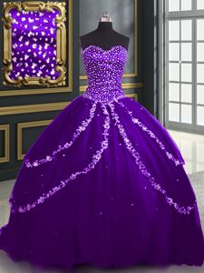 Beading and Appliques Vestidos de Quinceanera Purple Lace Up Sleeveless With Brush Train