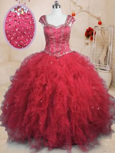 Red Cap Sleeves Floor Length Beading and Ruffles Lace Up Sweet 16 Dresses