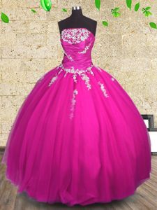 Noble Sleeveless Tulle Floor Length Lace Up Quinceanera Gown in Fuchsia for with Appliques and Ruching