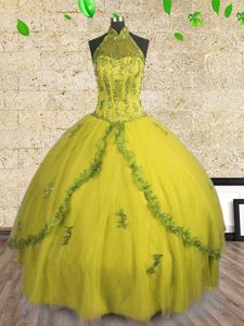 Customized Halter Top Sleeveless Floor Length Beading Lace Up Damas Dress with Yellow