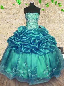 Beading and Ruffles Ball Gown Prom Dress Turquoise Lace Up Sleeveless Floor Length