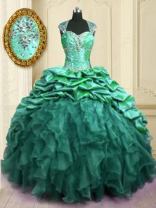 Fabulous Turquoise Sweetheart Neckline Beading and Ruffles and Pick Ups Sweet 16 Dress Cap Sleeves Lace Up