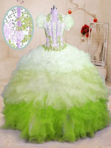 Latest Sleeveless Brush Train Lace Up With Train Beading and Appliques and Ruffles Sweet 16 Dresses