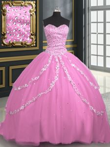 Rose Pink Lace Up Quinceanera Dress Beading and Appliques Sleeveless With Brush Train