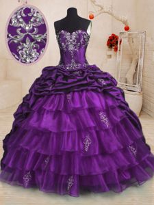 Purple Sleeveless Sweep Train Beading and Appliques and Ruffled Layers and Pick Ups With Train Quinceanera Dresses