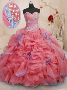 Super Brush Train Ball Gowns Ball Gown Prom Dress Coral Red Sweetheart Organza Sleeveless With Train Lace Up