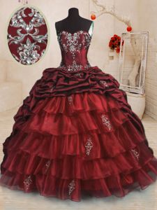 Sophisticated Pick Ups Ruffled Wine Red Sleeveless Organza and Taffeta Sweep Train Lace Up Quince Ball Gowns for Military Ball and Sweet 16 and Quinceanera