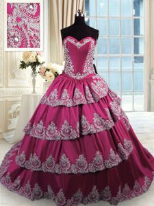 Attractive Fuchsia Ball Gowns Sweetheart Sleeveless Taffeta With Train Court Train Lace Up Beading and Appliques and Ruffled Layers Quinceanera Dress