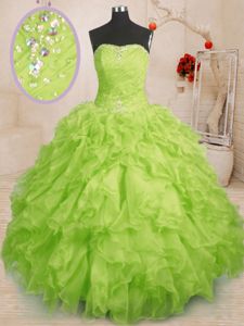 Adorable Yellow Green Lace Up Sweet 16 Dress Beading and Ruffles and Ruching Sleeveless Floor Length