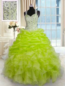 Organza and Taffeta Straps Sleeveless Zipper Beading and Ruffles and Pick Ups Quinceanera Dresses in Yellow Green