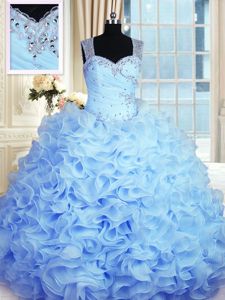 Baby Blue Ball Gowns Straps Sleeveless Organza Floor Length Zipper Beading and Ruffles Sweet 16 Dress