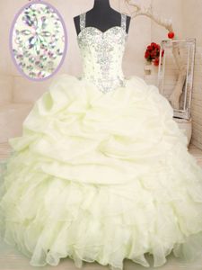 Light Yellow Ball Gowns Beading and Ruffles and Pick Ups Quinceanera Gowns Zipper Organza Sleeveless Floor Length