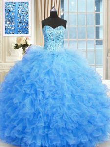 Baby Blue Sweetheart Lace Up Beading and Ruffles 15 Quinceanera Dress Sleeveless