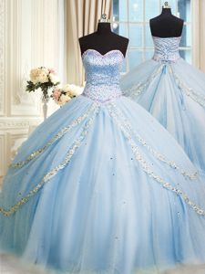 Hot Selling Baby Blue Sleeveless Court Train Beading and Appliques With Train 15th Birthday Dress