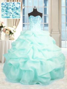 Inexpensive Aqua Blue Ball Gowns Organza Sweetheart Sleeveless Beading and Ruffles Floor Length Lace Up 15 Quinceanera Dress