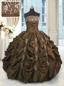 Pick Ups Floor Length Chocolate Sweet 16 Dress Strapless Sleeveless Lace Up