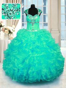 Cap Sleeves Beading and Ruffles Lace Up Sweet 16 Dresses