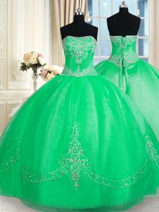 Strapless Sleeveless Sweet 16 Quinceanera Dress Floor Length Beading and Embroidery Green Tulle