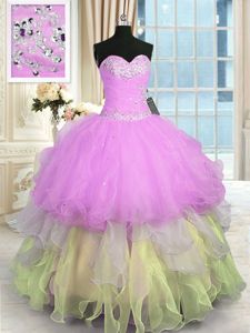 Rose Pink Sweetheart Neckline Beading and Ruffles Sweet 16 Quinceanera Dress Sleeveless Lace Up