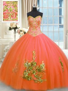 Discount Orange Red Sleeveless Floor Length Beading and Appliques and Embroidery Lace Up Sweet 16 Quinceanera Dress