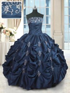 Modest Beading and Pick Ups Sweet 16 Quinceanera Dress Navy Blue Lace Up Sleeveless Floor Length