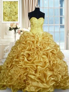 Sexy Gold Lace Up Quinceanera Gowns Beading and Pick Ups Sleeveless With Train Sweep Train