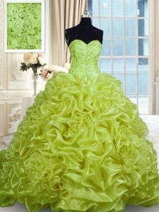 Inexpensive Olive Green Sleeveless With Train Beading and Pick Ups Lace Up Quinceanera Gown