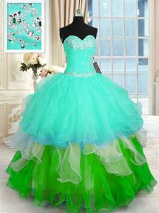 Sleeveless Floor Length Beading and Ruffled Layers Lace Up Quinceanera Gowns with Multi-color