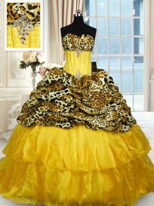 Stylish Printed Sleeveless Sweep Train Beading and Ruffled Layers Lace Up Quinceanera Dress