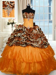 Edgy Orange Organza and Printed Lace Up Quinceanera Dresses Sleeveless Sweep Train Beading and Ruffled Layers