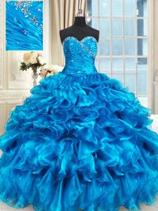 Baby Blue Lace Up Quinceanera Gown Beading and Ruffles Sleeveless Floor Length