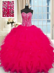 High End Coral Red Strapless Lace Up Beading and Ruffles Sweet 16 Dresses Sleeveless