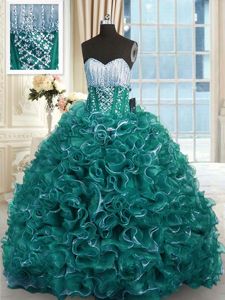 Custom Fit Organza Sweetheart Sleeveless Brush Train Lace Up Beading and Ruffles Ball Gown Prom Dress in Turquoise